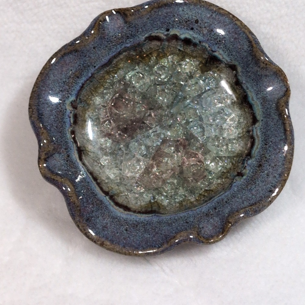 Studio Pottery Wavy Edge Glazed Melted Crackled Glass Trinket Ring Dish Geode